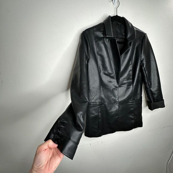 Black Leatherette 2-Button Narrow Lapel Welt Pockets Button Sleeve Blazer Medium - Picture 6 of 11